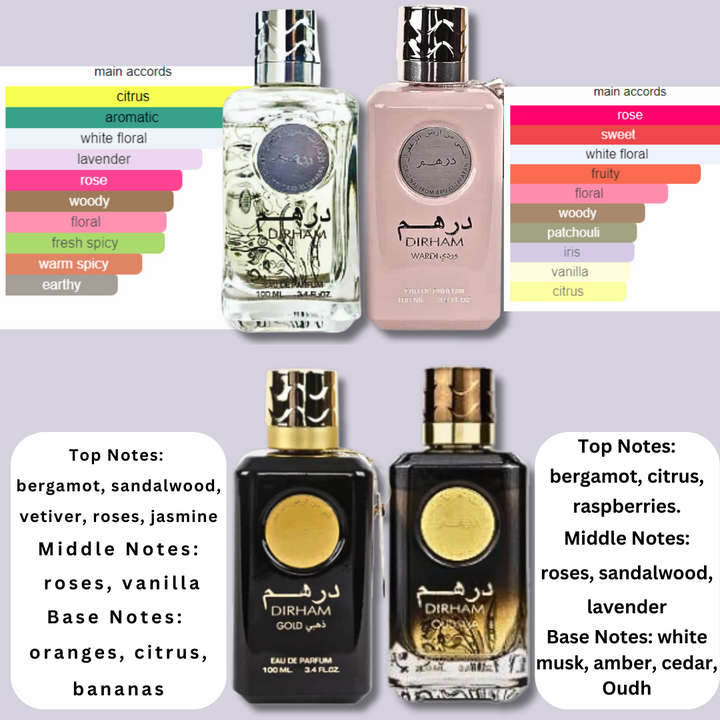 [BUNDLE 4 PCS MIX] DIRHAM COLLECTION - Wardi / Gold/ Silver / Oud EDP by Ard Al Zaafaran -100ml x 4 - lutfi.sg