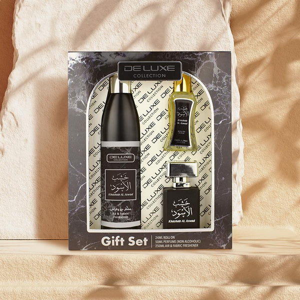 KHASHAB AL ASWAD 250ML AIR FRESHENER, 50ML WATER PERFUME & 24ML ROLL ON - 3 PIECE GIFT SET by Deluxe Collection - lutfi.sg