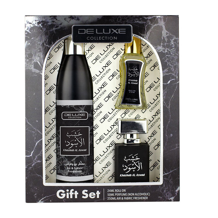 KHASHAB AL ASWAD 250ML AIR FRESHENER, 50ML WATER PERFUME & 24ML ROLL ON - 3 PIECE GIFT SET by Deluxe Collection - lutfi.sg
