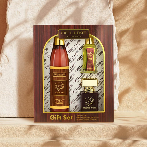 KHASHAB AL OUD 250ML AIR FRESHENER, 50ML WATER PERFUME & 24ML ROLL ON - 3 PIECE GIFT SET by Deluxe Collection - lutfi.sg