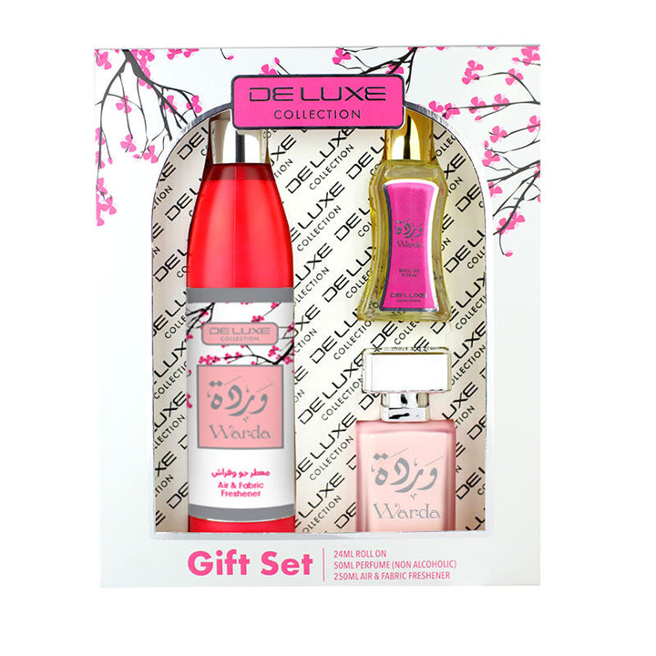 WARDA 250ML AIRFRESHENER, 50ML WATER PERFUME & 24ML ROLL ON - 3 PIECE GIFT SET by Deluxe Collection - lutfi.sg