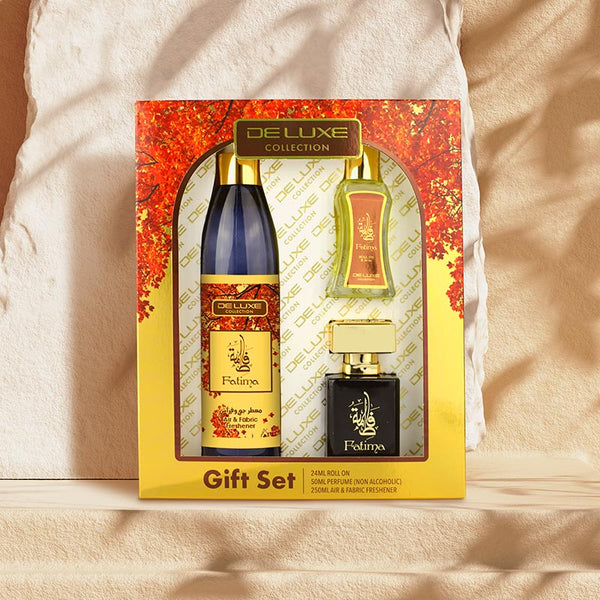 FATIMA 250ML AIR FRESHENER, 50ML WATER PERFUME & 24ML ROLL ON - 3 PIECE GIFT SET by Deluxe Collection - lutfi.sg